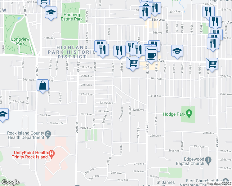 map of restaurants, bars, coffee shops, grocery stores, and more near 2199 28th Street in Rock Island