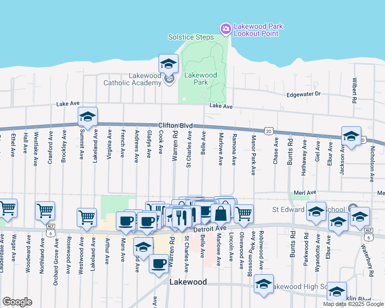 map of restaurants, bars, coffee shops, grocery stores, and more near 1229 Saint Charles Avenue in Lakewood