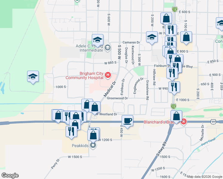 map of restaurants, bars, coffee shops, grocery stores, and more near 476 Lindsay Place in Brigham City