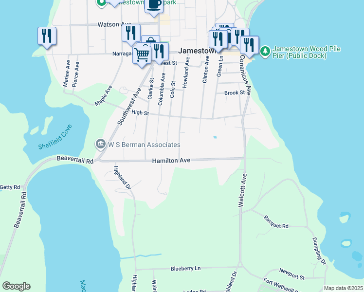 map of restaurants, bars, coffee shops, grocery stores, and more near 113 Howland Ave in Jamestown