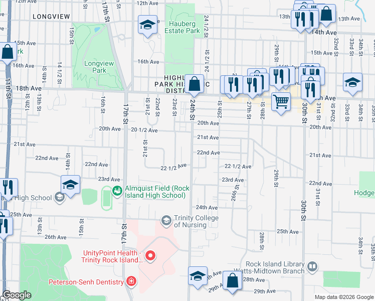 map of restaurants, bars, coffee shops, grocery stores, and more near 2128 24th Street in Rock Island