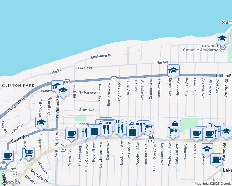 map of restaurants, bars, coffee shops, grocery stores, and more near 1232 Edwards Ave in Lakewood