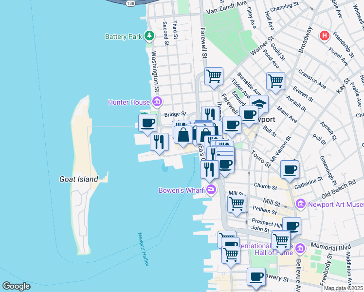 map of restaurants, bars, coffee shops, grocery stores, and more near 25 America's Cup Avenue in Newport