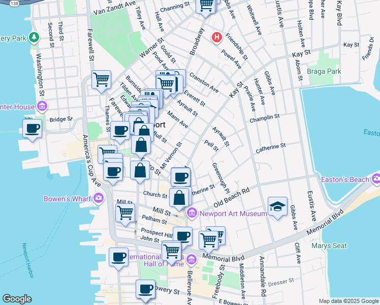 map of restaurants, bars, coffee shops, grocery stores, and more near 28 Kay Street in Newport