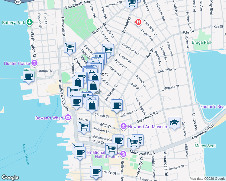 map of restaurants, bars, coffee shops, grocery stores, and more near 20 Mount Vernon Street in Newport