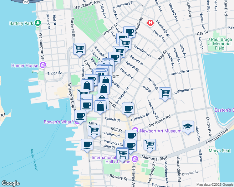 map of restaurants, bars, coffee shops, grocery stores, and more near 3 Russo Court in Newport