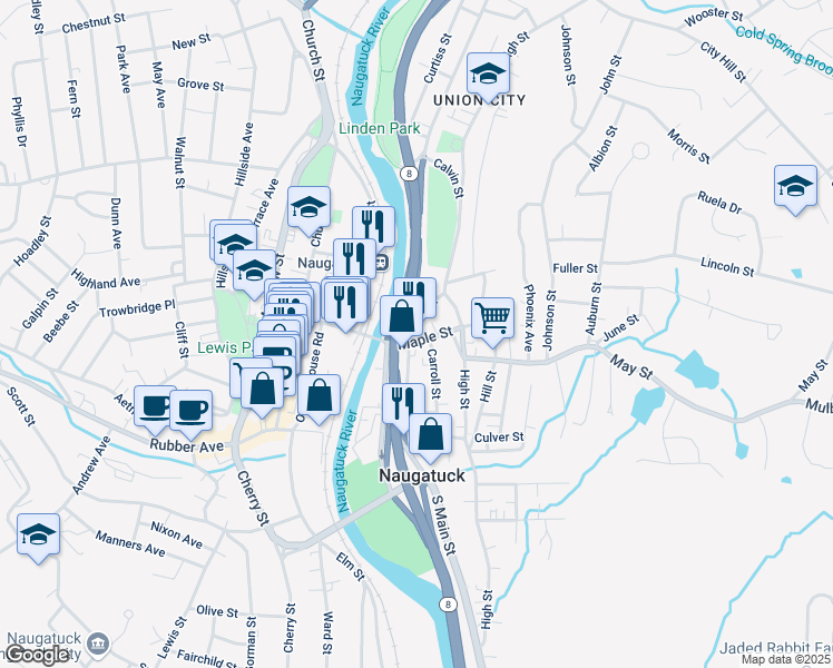 map of restaurants, bars, coffee shops, grocery stores, and more near 1 Oak Street in Naugatuck
