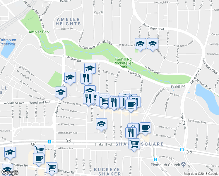 map of restaurants, bars, coffee shops, grocery stores, and more near 2512 East 126th Street in Cleveland
