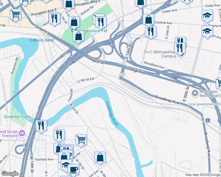 map of restaurants, bars, coffee shops, grocery stores, and more near in Cleveland