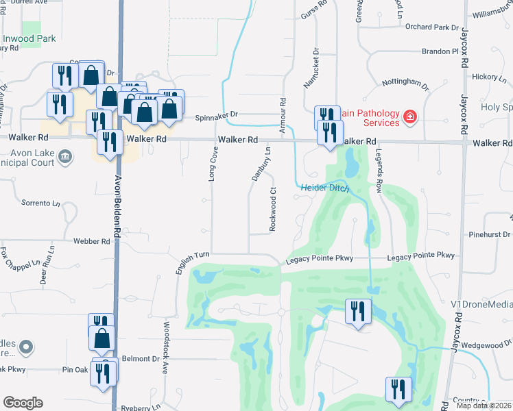 map of restaurants, bars, coffee shops, grocery stores, and more near 518 Danbury Lane in Avon Lake