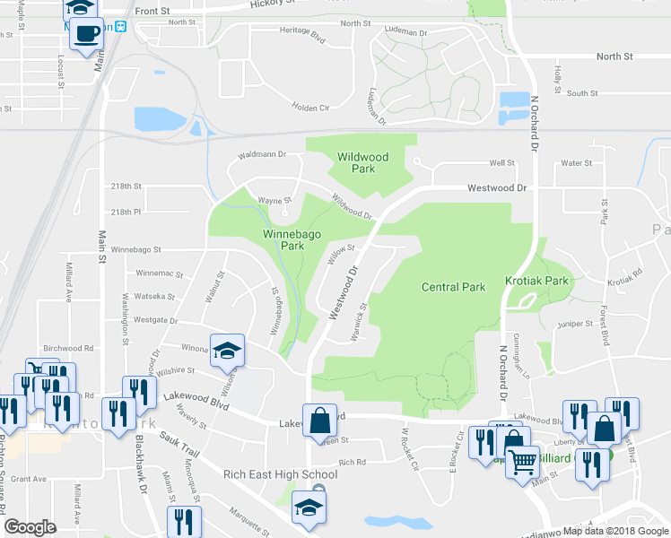 map of restaurants, bars, coffee shops, grocery stores, and more near 174 Westwood Drive in Park Forest