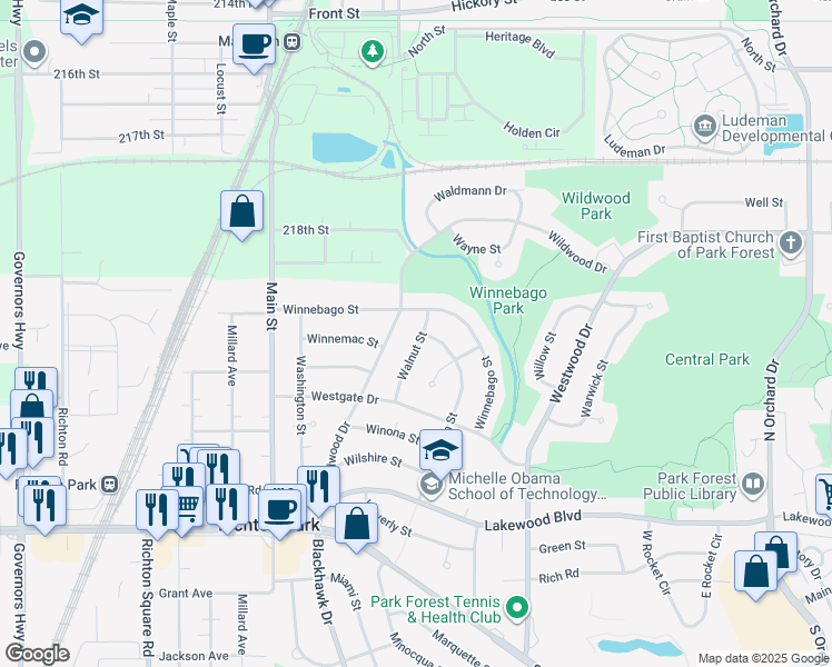 map of restaurants, bars, coffee shops, grocery stores, and more near 102 Walnut Street in Park Forest