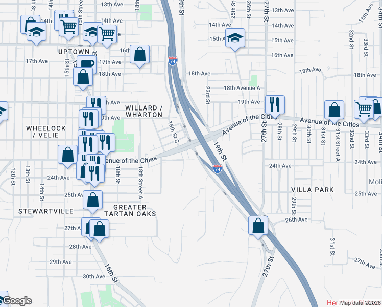 map of restaurants, bars, coffee shops, grocery stores, and more near 2317 19th Street in Moline