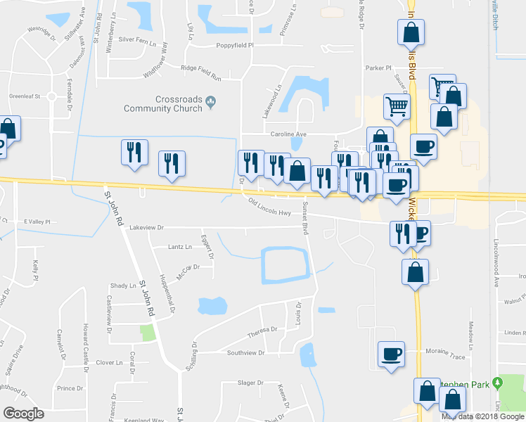 map of restaurants, bars, coffee shops, grocery stores, and more near 1147 Old Lincoln Highway in Schererville