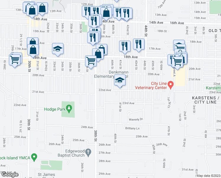 map of restaurants, bars, coffee shops, grocery stores, and more near 2040 40th Street in Rock Island