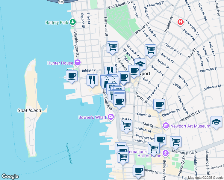 map of restaurants, bars, coffee shops, grocery stores, and more near 21 Long Wharf Mall in Newport