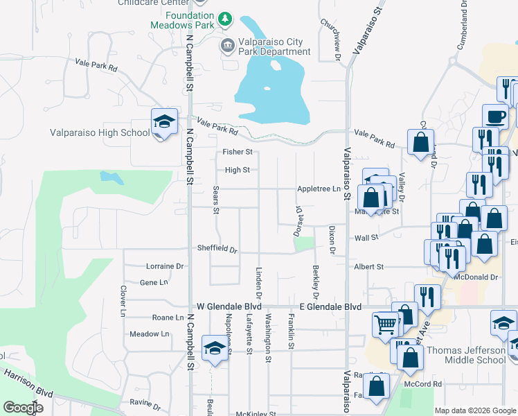 map of restaurants, bars, coffee shops, grocery stores, and more near 2398 Linden Drive in Valparaiso