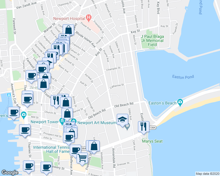 map of restaurants, bars, coffee shops, grocery stores, and more near 100 Rhode Island Avenue in Newport