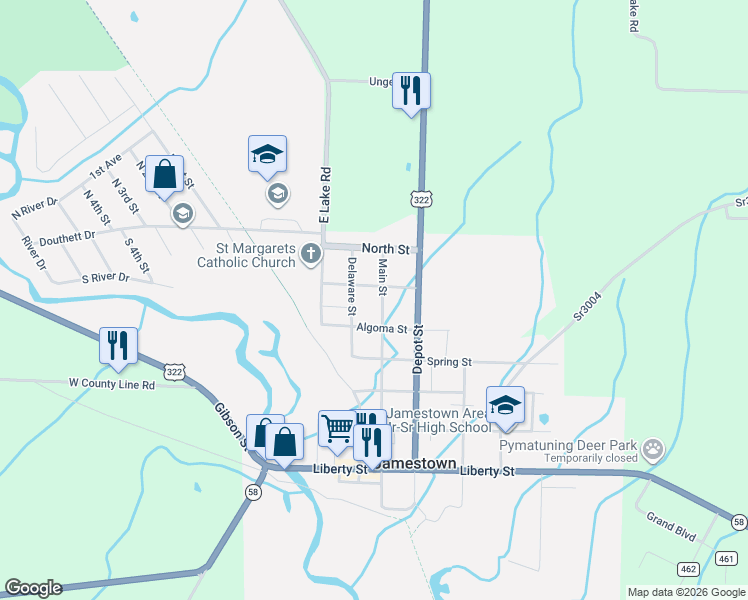 map of restaurants, bars, coffee shops, grocery stores, and more near 609 Main Street in Jamestown