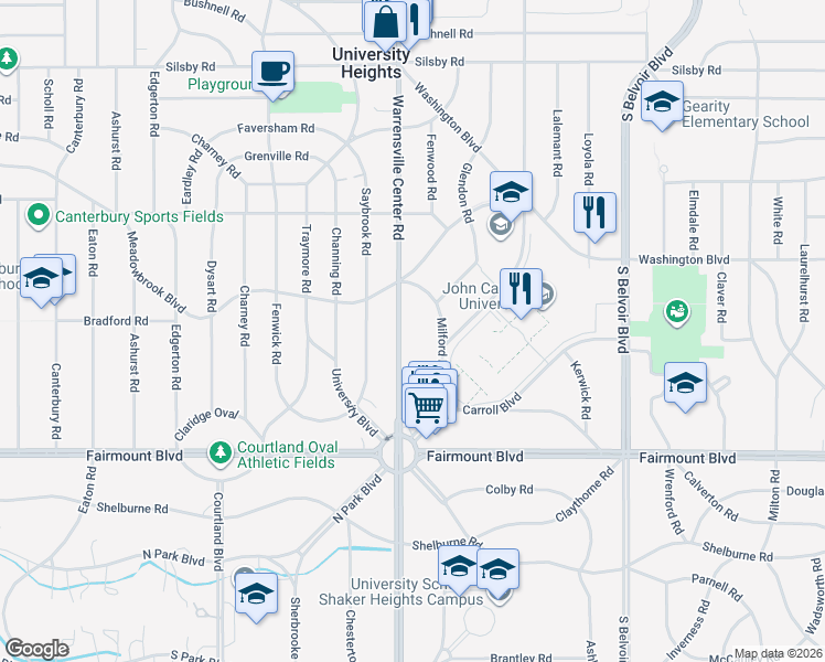 map of restaurants, bars, coffee shops, grocery stores, and more near 2553 Warrensville Center Road in Cleveland