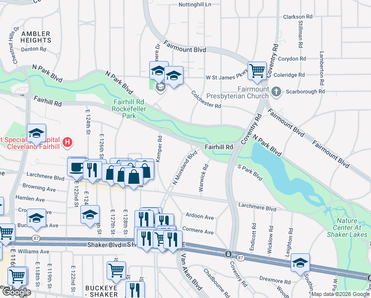 map of restaurants, bars, coffee shops, grocery stores, and more near 13800 Fairhill Road in Shaker Heights