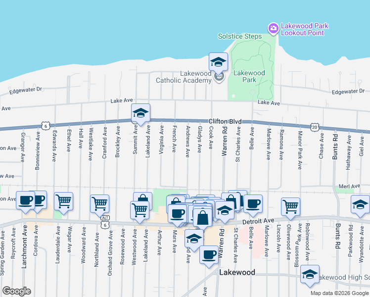 map of restaurants, bars, coffee shops, grocery stores, and more near 1220 Andrews Avenue in Lakewood