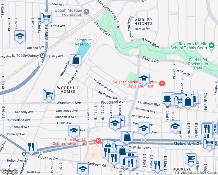 map of restaurants, bars, coffee shops, grocery stores, and more near 11221 Notre Dame Avenue in Cleveland