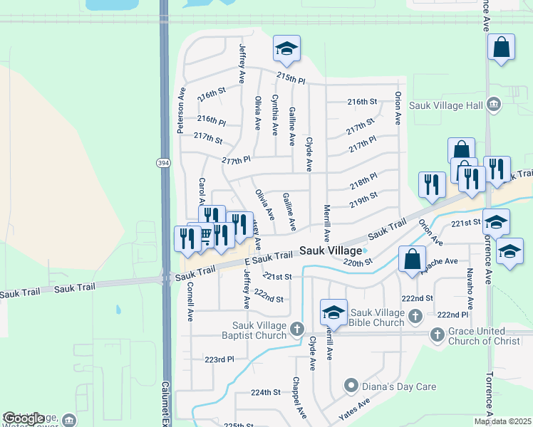 map of restaurants, bars, coffee shops, grocery stores, and more near 21906 Olivia Avenue in Sauk Village