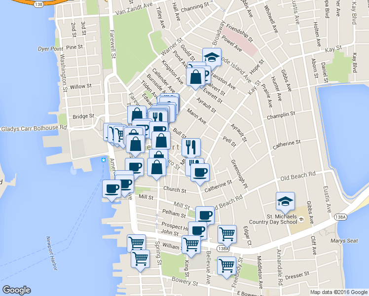 map of restaurants, bars, coffee shops, grocery stores, and more near 98 Barney Court in Newport
