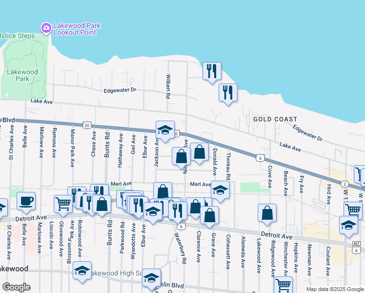 map of restaurants, bars, coffee shops, grocery stores, and more near 1212 Nicholson Avenue in Lakewood