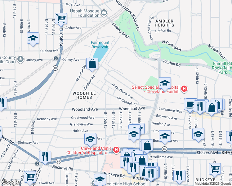 map of restaurants, bars, coffee shops, grocery stores, and more near 2505 East 111th Street in Cleveland