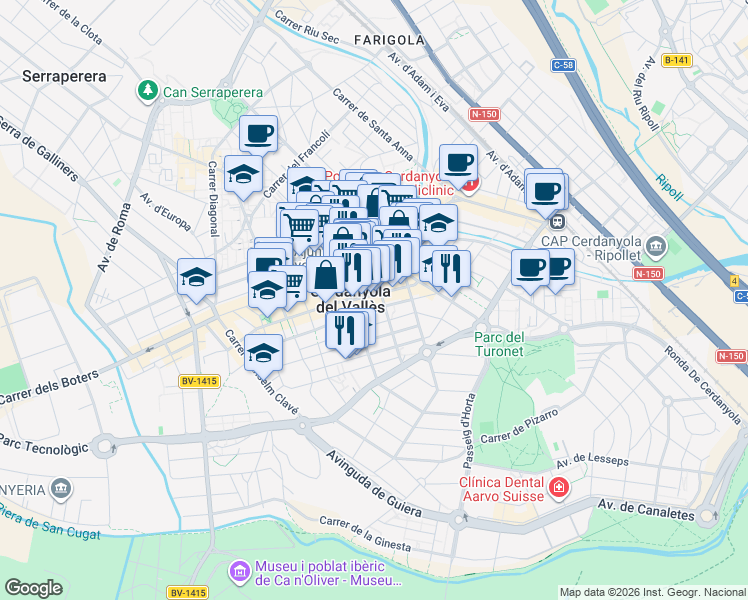 map of restaurants, bars, coffee shops, grocery stores, and more near in Cerdanyola del Vallès