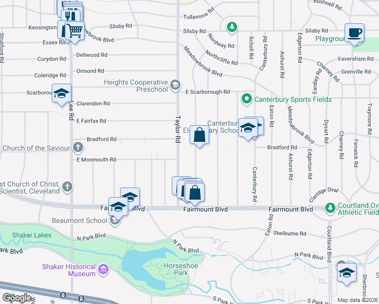 map of restaurants, bars, coffee shops, grocery stores, and more near 2552 Queenston Road in Cleveland Heights