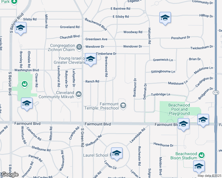 map of restaurants, bars, coffee shops, grocery stores, and more near 2550 Edgewood Road in Beachwood