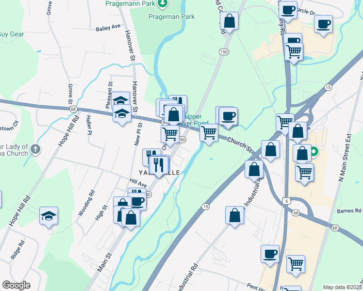 map of restaurants, bars, coffee shops, grocery stores, and more near 422 Main Street in Wallingford