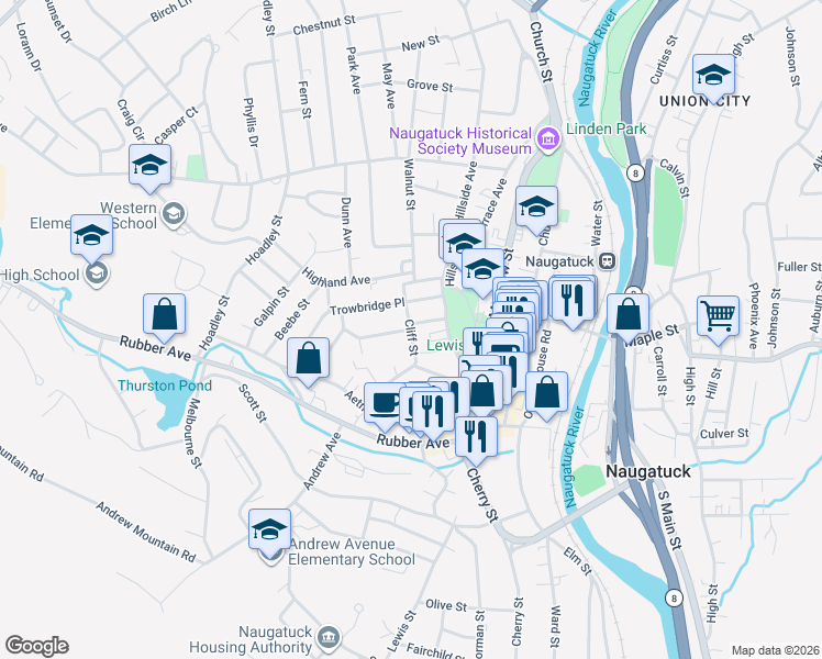 map of restaurants, bars, coffee shops, grocery stores, and more near Cliff Street in Naugatuck