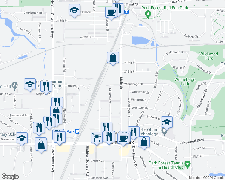 map of restaurants, bars, coffee shops, grocery stores, and more near 21939 Millard Avenue in Richton Park
