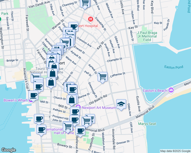 map of restaurants, bars, coffee shops, grocery stores, and more near 71 Ayrault Street in Newport