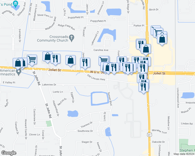 map of restaurants, bars, coffee shops, grocery stores, and more near 1115 Old Lincoln Highway in Schererville