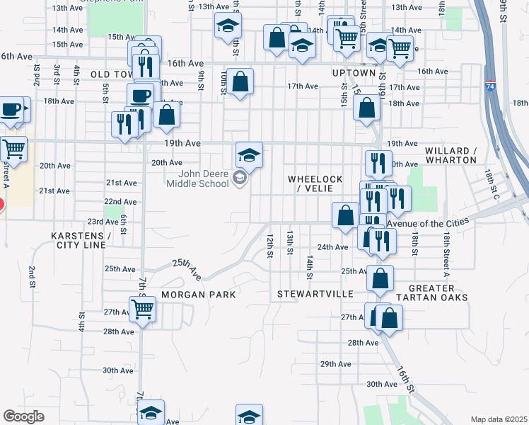 map of restaurants, bars, coffee shops, grocery stores, and more near 2127 12th St in Moline