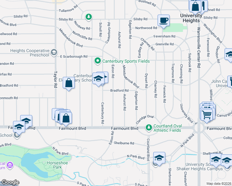 map of restaurants, bars, coffee shops, grocery stores, and more near 2551 Eaton Road in University Heights