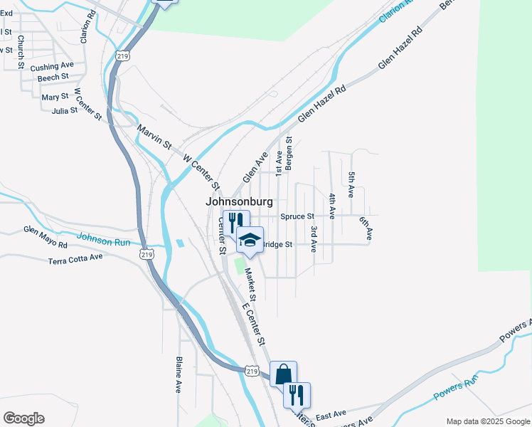 map of restaurants, bars, coffee shops, grocery stores, and more near 407 Spruce St in Johnsonburg