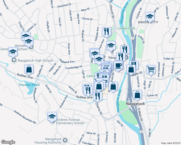 map of restaurants, bars, coffee shops, grocery stores, and more near 82 Fairview Avenue in Naugatuck