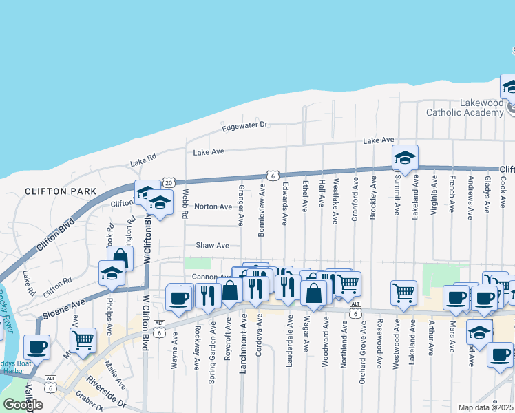 map of restaurants, bars, coffee shops, grocery stores, and more near 1230 Bonnieview Avenue in Lakewood