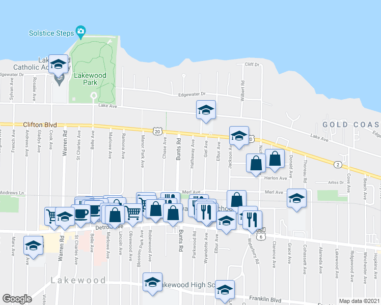 map of restaurants, bars, coffee shops, grocery stores, and more near 1232 Hathaway Ave in Lakewood