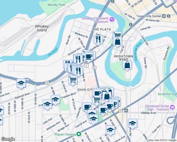 map of restaurants, bars, coffee shops, grocery stores, and more near 2600 Church Avenue in Cleveland