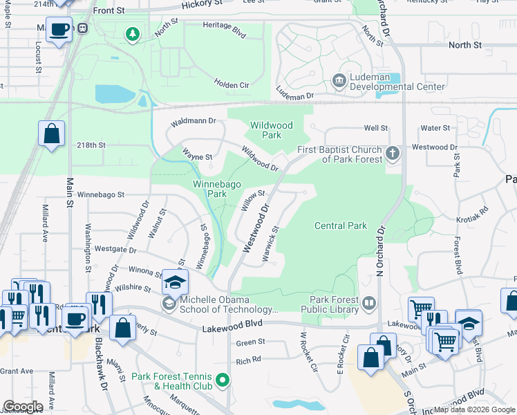 map of restaurants, bars, coffee shops, grocery stores, and more near 174 Westwood Dr in Park Forest
