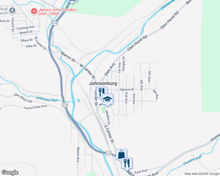 map of restaurants, bars, coffee shops, grocery stores, and more near 407 Spruce St in Johnsonburg