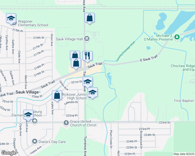 map of restaurants, bars, coffee shops, grocery stores, and more near 2610 Marigold Drive in Sauk Village