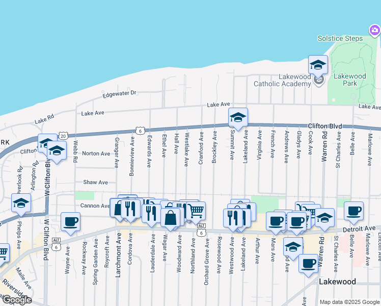 map of restaurants, bars, coffee shops, grocery stores, and more near 1230 Cranford Avenue in Lakewood